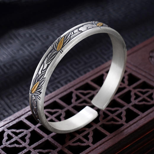 子佩集S999银【气若双竹】手镯【YS034】纯银手镯仿古带金色嵌真金2408 商品图1