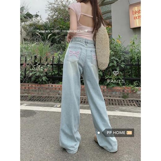 2024夏季新款高腰直筒裤刺绣蝴蝶结阔腿牛仔裤小个子高腰直筒长裤 商品图1