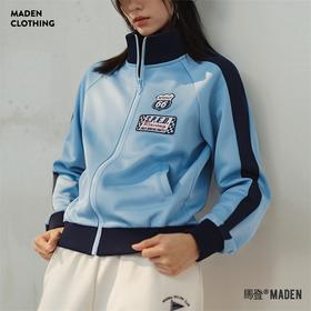 马登美式休闲撞色拼接拉链卫衣复古赛车徽章开衫上衣宽松运动外套女秋