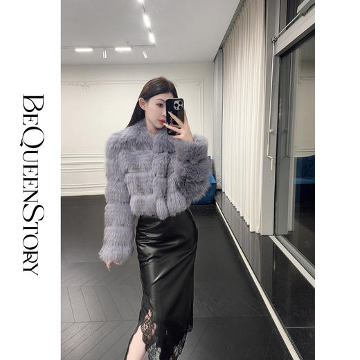 BeQueenStory【精灵雪球】精致优雅狐狸毛车条拼接蕾丝翻领外套 商品图4