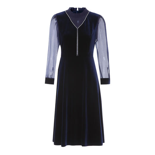 EITIE爱特爱气质优雅网纱拼接丝绒深蓝色收腰连衣裙秋季新款C2407422 商品图5