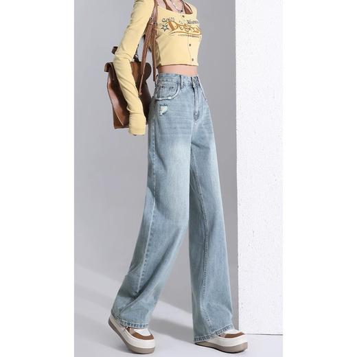 浅色磨破阔腿牛仔裤女2024春夏新款高腰显瘦小个子直筒裤子女 商品图3