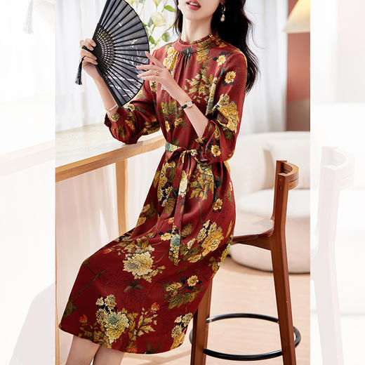 LS-2722真丝连衣裙女2024新款夏长袖印花圆领气质桑蚕丝长裙 商品图0