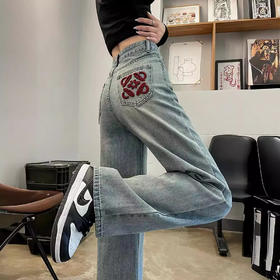 国风刺绣牛仔裤女春秋2024年新款浅色小个子宽松直筒窄版阔腿裤子