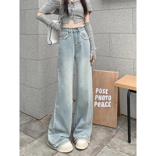毛边设计感浅蓝色牛仔裤女秋季2024新款复古高腰显瘦阔腿直筒裤子 商品图2