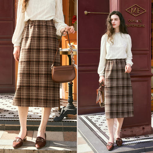 OLrain欧芮儿咖色格子半裙女秋季2024年新款百搭显瘦通勤半身裙 商品图1