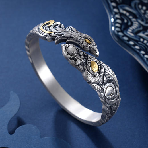 子佩集S999银【凤舞】手镯【YS035】纯银手镯仿古带金色嵌真金2408 商品图1