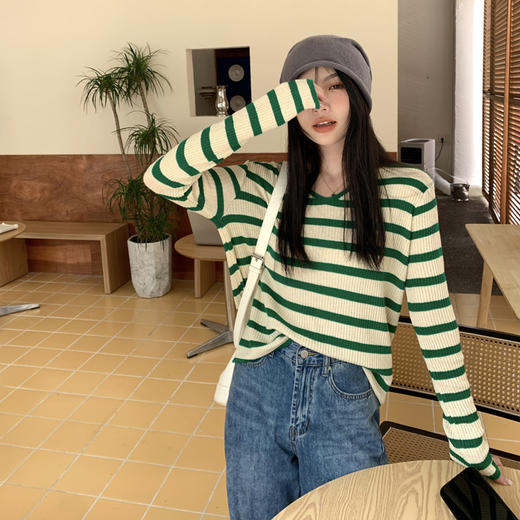 【V领条纹针织衫女】洋气内搭 秋季新款 韩版打底衫 设计感长袖上衣 商品图6
