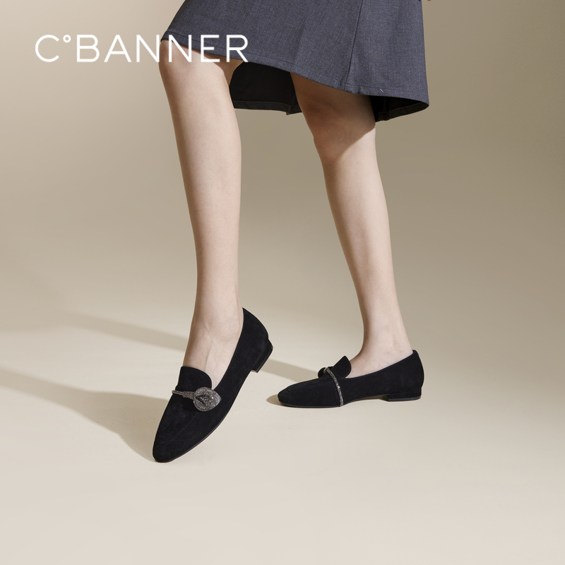 千百度羊皮通勤低跟乐福鞋女款秋季小皮鞋豆豆鞋平底单鞋A24455601