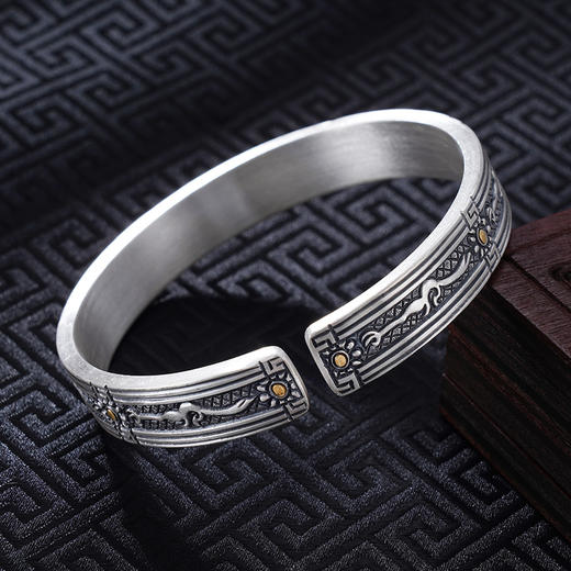 子佩集S999银【山川】手镯【YS032】纯银手镯仿古带金色嵌真金2408 商品图3