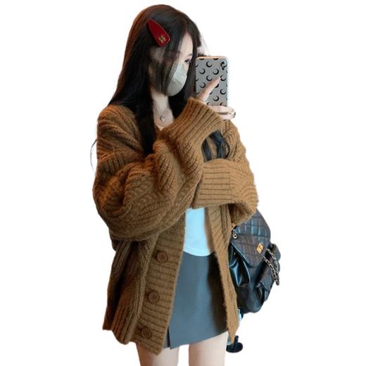 韩版2024秋冬暖呼呼慵懒风纯色V领长袖厚毛衣开衫外套女 商品图4