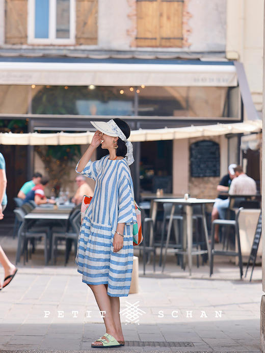 PETIT SCHAN小闪 CLO#565 Variations 变奏曲 色织亚麻法式条纹低腰娃娃裙连衣裙 商品图4