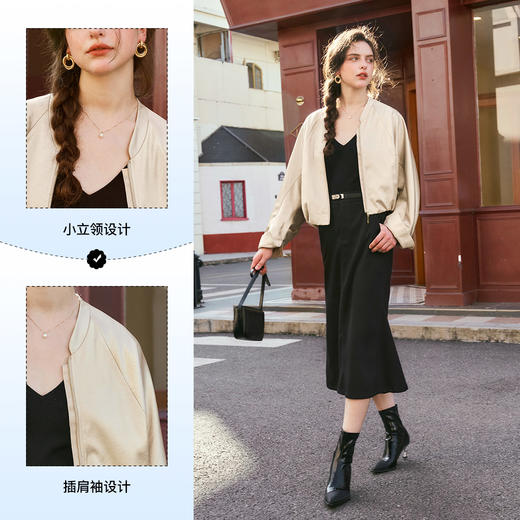 OLrain欧芮儿香槟色短外套女秋季2024新款缎感流光设计感休闲上衣 商品图3