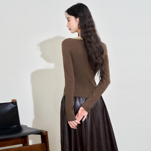 复古气质通勤风假两件撞色长袖针织衫女经典V领上衣V3442398 商品图4