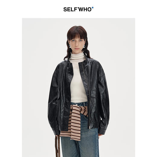 SELFWHO复古美式黑色pu皮衣外套女2024秋季新款小个子设计感夹克 商品图0