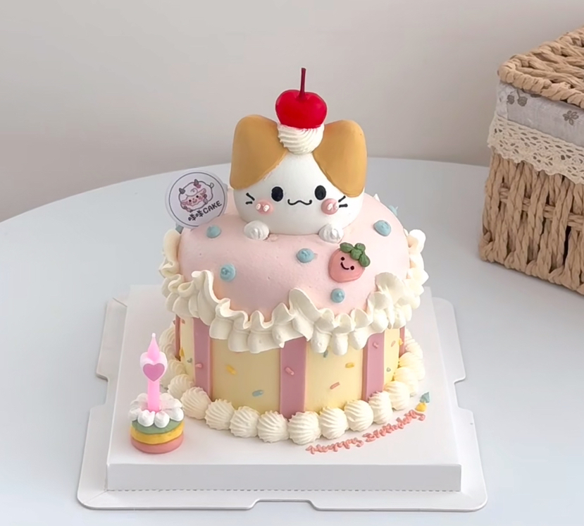 可爱猫咪女生女孩周岁生日蛋糕