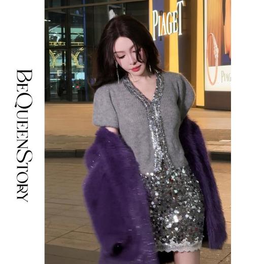 BeQueenStory【紫焰玫瑰】软糯顺滑细闪环保中长款显高直筒V领外套 商品图4