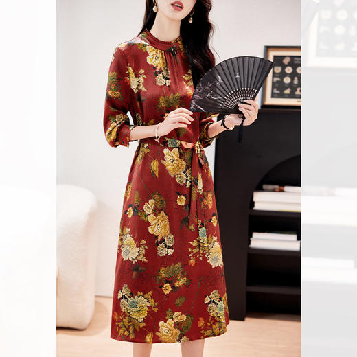 LS-2722真丝连衣裙女2024新款夏长袖印花圆领气质桑蚕丝长裙 商品图2