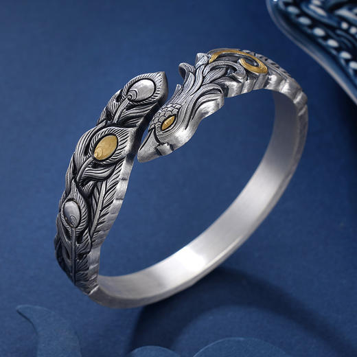 子佩集S999银【凤舞】手镯【YS035】纯银手镯仿古带金色嵌真金2408 商品图2