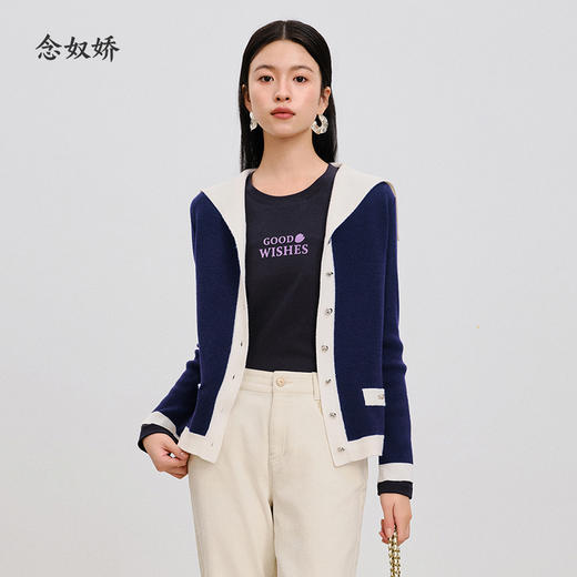 【商场同款】CNA4853 “美好祝福T” 深邃经典藏蓝色T恤 雅致圆领 显瘦好搭配 植绒热烫工艺 英文意思“美好的祝福”  精梳棉亲肤舒适针织衫 商品图1