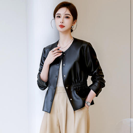 丁摩 海宁真皮皮衣女圆领真皮绵羊皮短款收腰外套651 商品图3