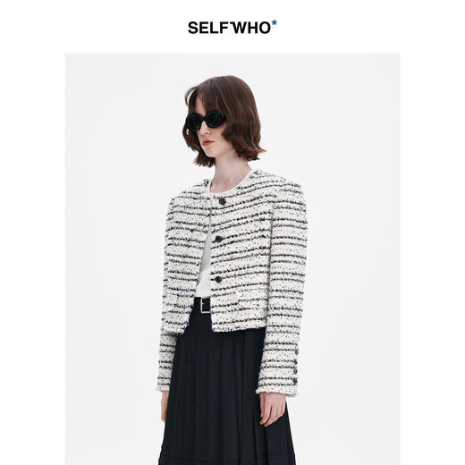 SELFWHO羊毛混纺小香风短外套女2024秋季新款正肩箱型粗花呢开衫 商品图1
