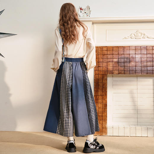 两三事 晚风正好 2024秋季新款时尚格子拼布高腰阔腿裤休闲裤女 商品图3