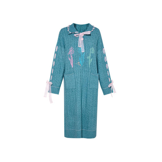 两三事梵高文艺青空粉梦2024秋新款甜美绣花丝带绑带毛衣裙连衣裙 商品图4