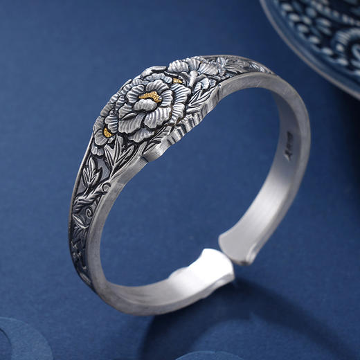 子佩集S999银【牡丹韵】手镯【YS031】纯银手镯仿古带金色嵌真金2408 商品图5