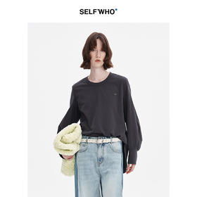 SELFWHO纯棉简约纯色长袖t恤女2024秋季新款慵懒休闲宽松打底上衣