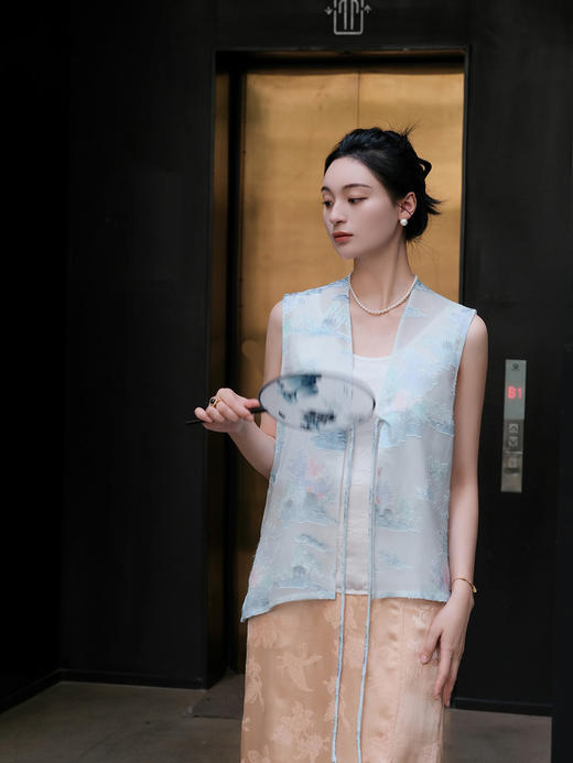 盛唐牡丹 |真丝雪纺剪花纱系带马甲 商品图0