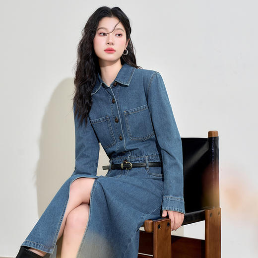 西遇长袖牛仔连衣裙女新款蓝色中长款宽松时尚衬衫裙D3342298 商品图2