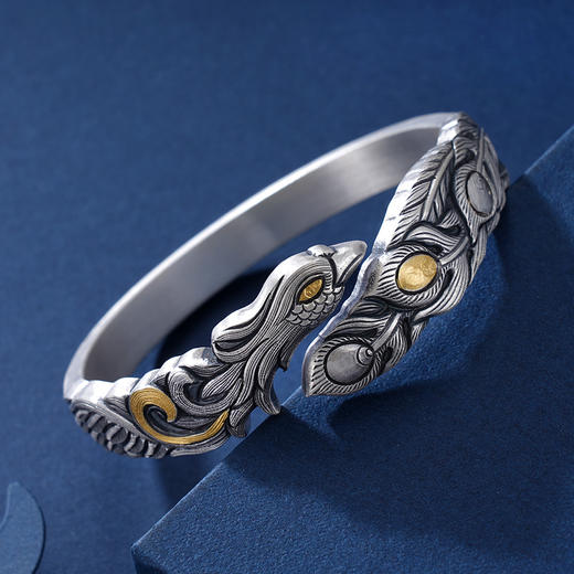 子佩集S999银【凤舞】手镯【YS035】纯银手镯仿古带金色嵌真金2408 商品图5
