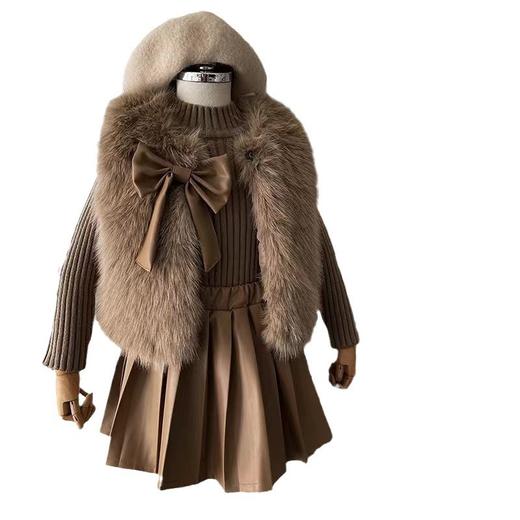 【女童秋冬甜美时尚马甲三件套】仿皮草马甲加百褶裙加厚毛衣加厚马甲套装 商品图4