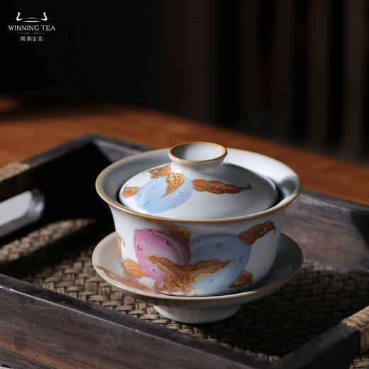 问鼎汝瓷鼎峰系列月白三才盖碗（描金五桃） 商品图3