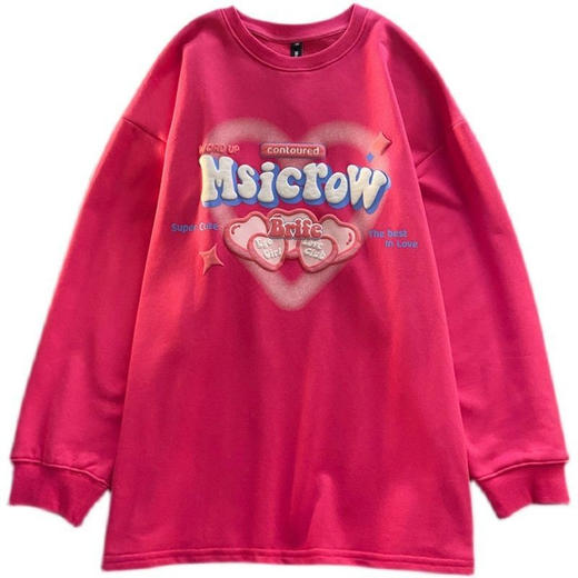 【玫红色卫衣】秋季 爱心印花圆领火龙果色 树莓休闲宽松情侣上衣ins潮 商品图4