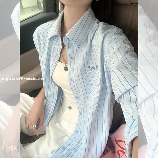 <曾小咸推荐> 韩系宽松蓝色竖条纹衬衫 商品图1