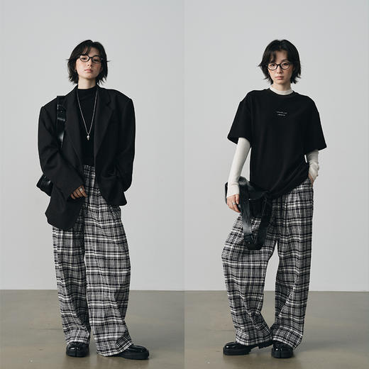 UMILAB【法兰西】100%棉盐缩肌理感 松紧腰抗皱直筒格纹裤P1192H 商品图2