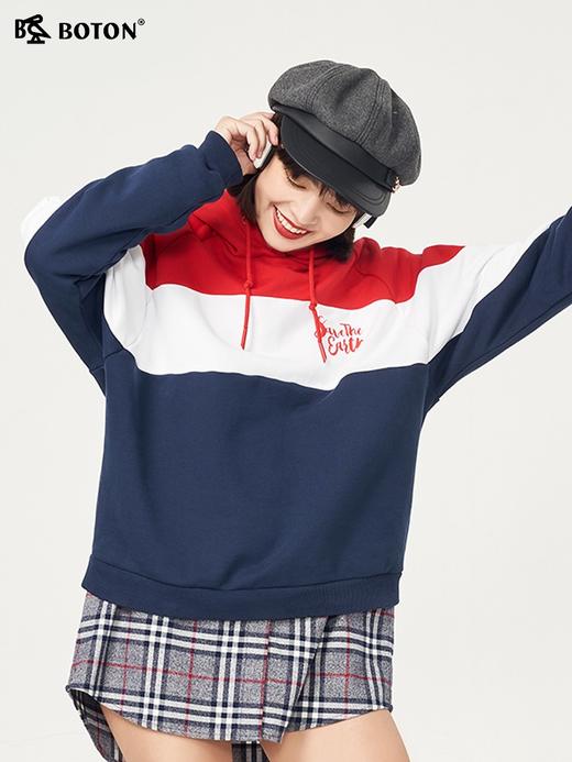 波顿女士长袖拼接时尚潮流美式加绒卫衣秋冬季宽松运动风LT221320 商品图5