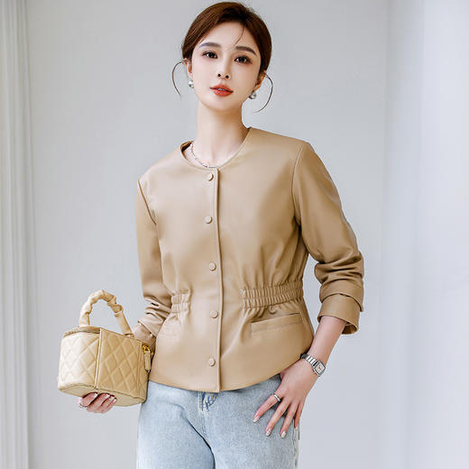 丁摩 海宁真皮皮衣女圆领真皮绵羊皮短款收腰外套651 商品图4