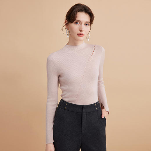 EITIE爱特爱精致修身显瘦薄款打底镂空珍珠立领针织衫秋新款D2401407 商品图7