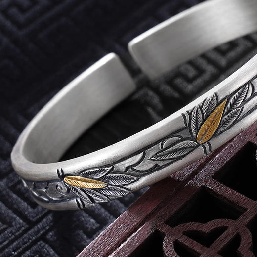 子佩集S999银【气若双竹】手镯【YS034】纯银手镯仿古带金色嵌真金2408 商品图6