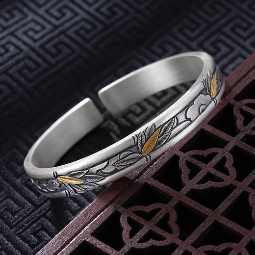 子佩集S999银【气若双竹】手镯【YS034】纯银手镯仿古带金色嵌真金2408 商品图5