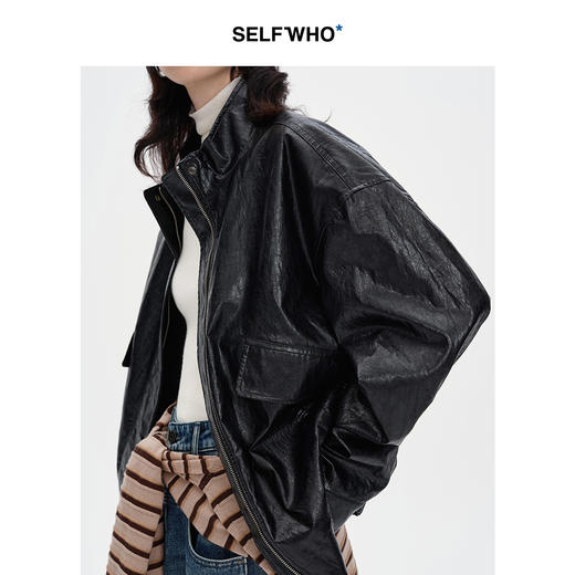 SELFWHO复古美式黑色pu皮衣外套女2024秋季新款小个子设计感夹克 商品图3