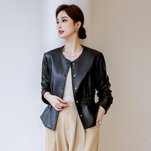 丁摩 海宁真皮皮衣女圆领真皮绵羊皮短款收腰外套651 商品图2