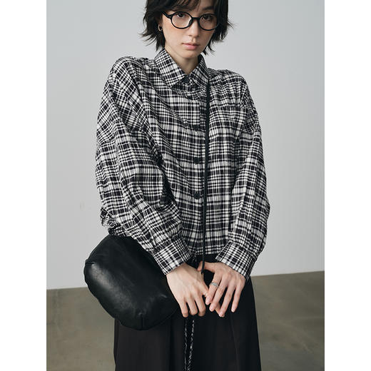 UMILAB【知秋】100%棉盐缩肌理感立体抗皱宽松短款格纹外套H1213H 商品图0