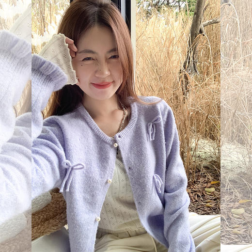 <曾小咸推荐> 温温柔柔蝴蝶结紫色毛织开衫 商品图1