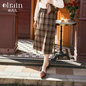 OLrain欧芮儿咖色格子半裙女秋季2024年新款百搭显瘦通勤半身裙