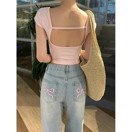 2024夏季新款高腰直筒裤刺绣蝴蝶结阔腿牛仔裤小个子高腰直筒长裤 商品图2