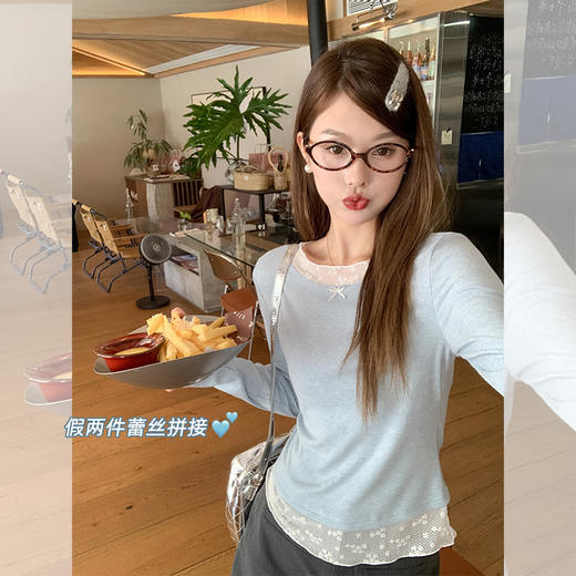 【110元任选2件】现货！假两件蕾丝拼接长袖 商品图0